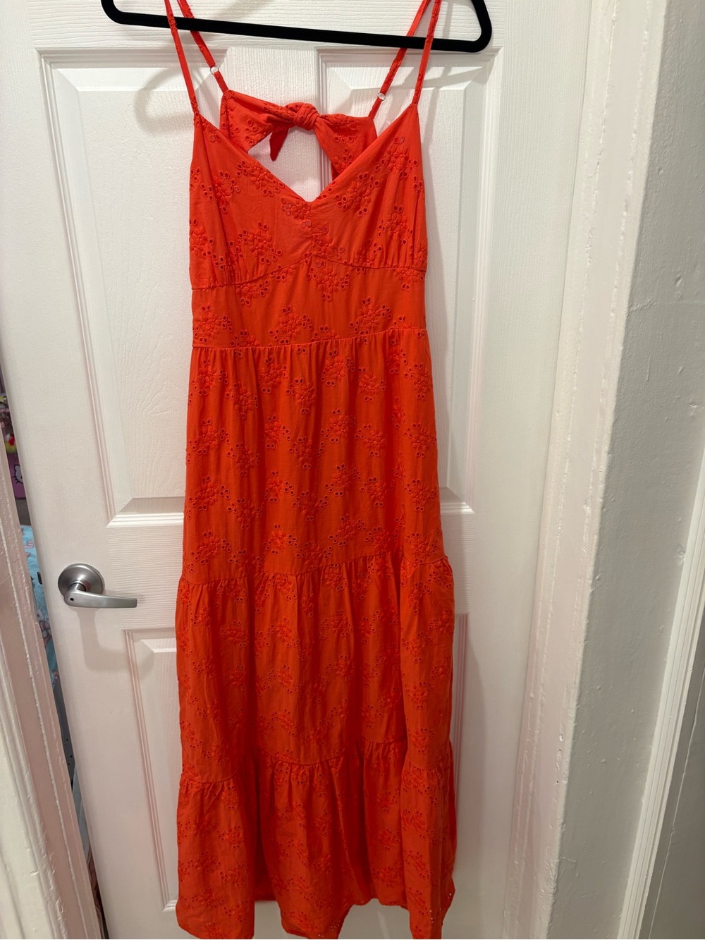 Aqua Orange Eyelet Maxi Dress L Tie Back Smocked Boho Summer Cotton Lined - Picture 5 of 9